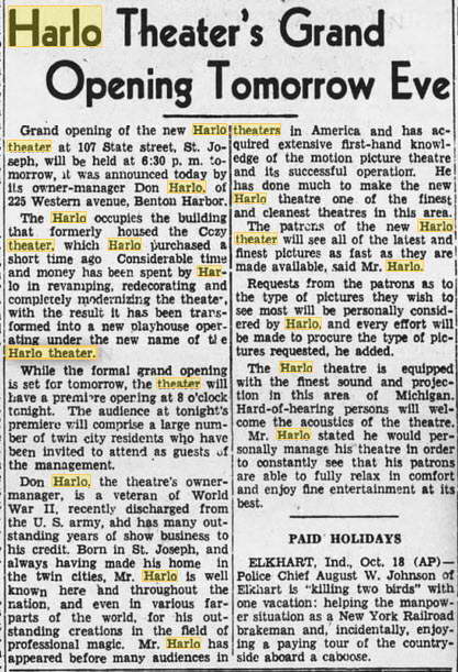 Harlo Theater - 20 Oct 1944 Grand Opening Article (newer photo)